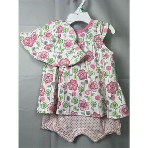 Offspring Pink & Green Floral Baby Dress with Hat NWT